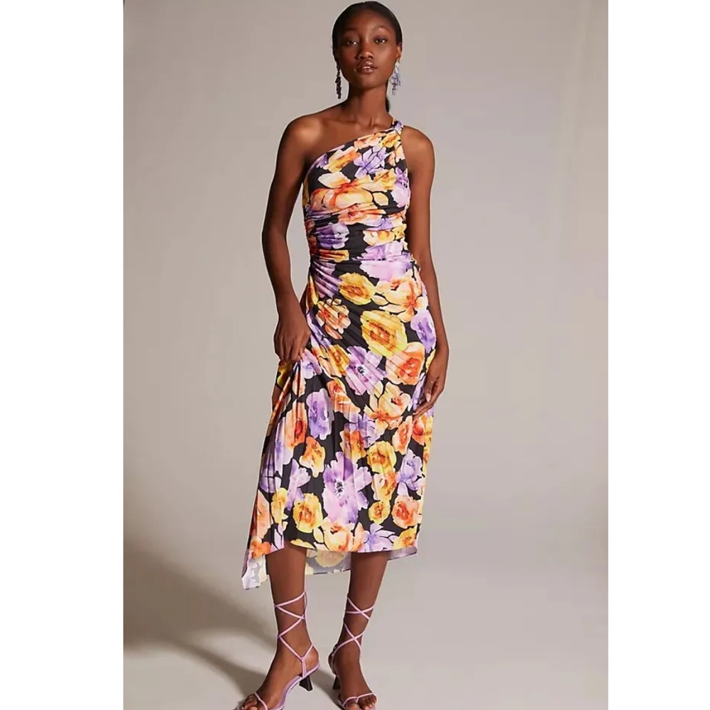 Anthropologie Geisha Designs Asymmetrical One Shoulder Floral Midi Dress